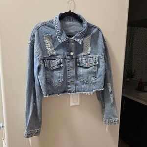 SHEIN Blue Distressed Jean Jacket With Fringes